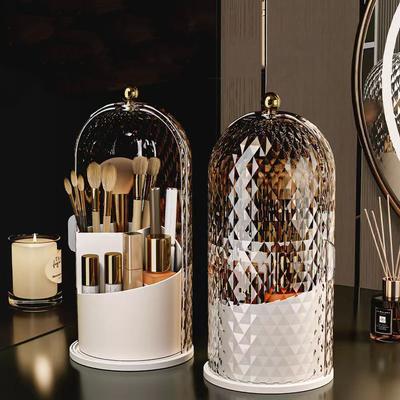 Suport perie de machiaj cu capac Diamond Birdcage 360° Rotativ Organizator de machiaj Cutie de depozitare pentru cosmetice rezistent la praf Container pentru ruj