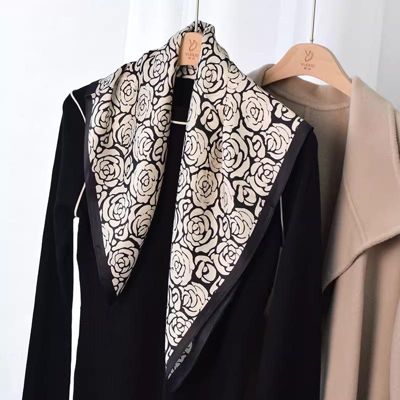 100% mulberry silk black and white rose 65 silk square scarf women s spring, summer and autumn high-end silk plain crepe satin silk scarf scarf Standard