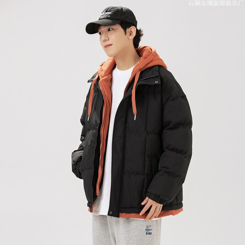 Winter new ins Hong Kong cotton-padded clothes for men, thickened bread clothes, fake two-piece cotton clothes, loose stand-up collar jacket for men