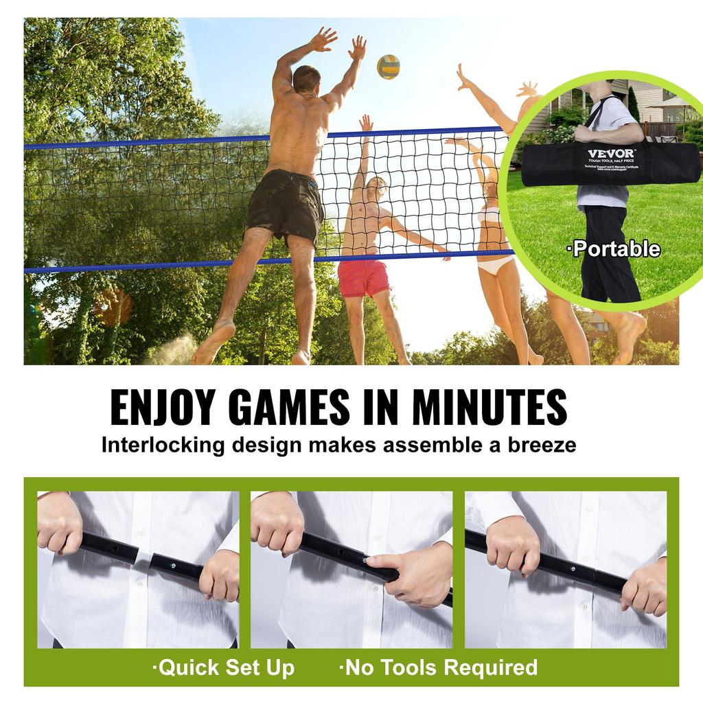 VEVOR Outdoor Portable Volleyball Net System, Adjustable Height Steel Poles, Professional Volleyball Set with PVC Volleyball, Pump, Carrying Bag