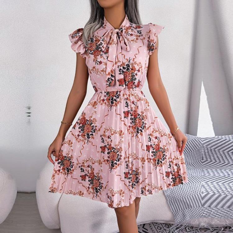 Women Elegant High Waist Pleated Dress with Lace Up Detail and Large Fold Bow Collar Solid Color Spring Summer Fashion