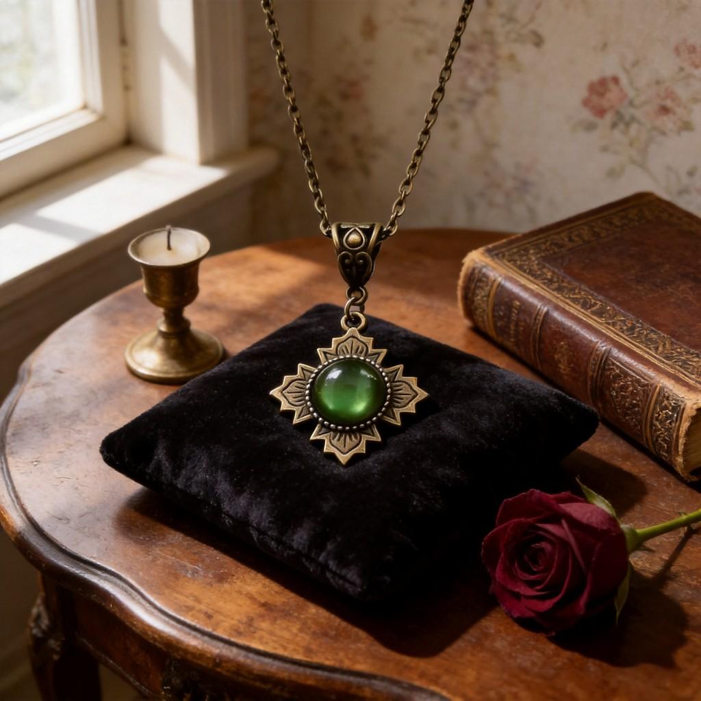 Vintage Bronze Cross Pendant Necklace With Green Stone For Gothic Gothic Gothic Style Jewelry