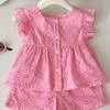 Girls Summer Pink Cotton Cap Sleeve Top And Shorts Set Baby Girl Two Piece Outfit Casual Soft Breathable Clothes