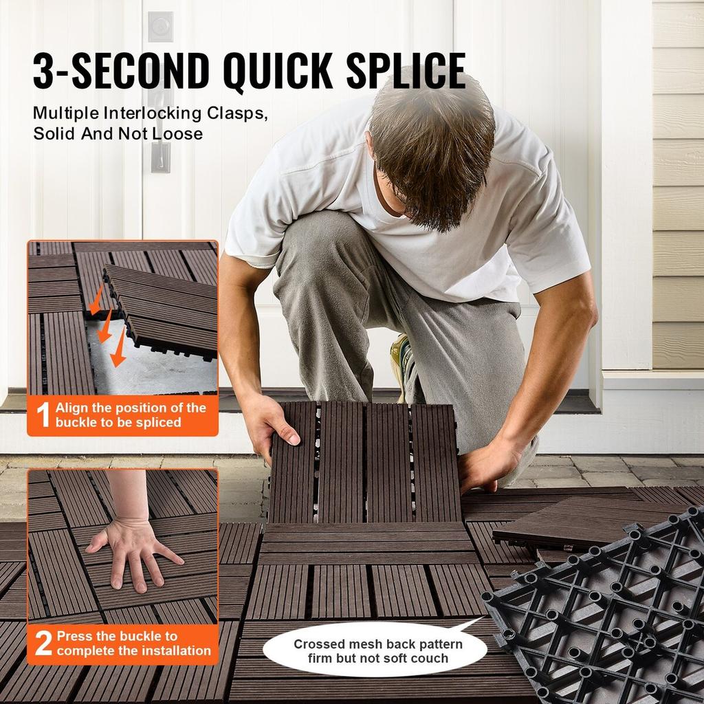 Interlocking Deck Tiles Plastic Wood 27 Pack 12"x12" Waterproof for Porch