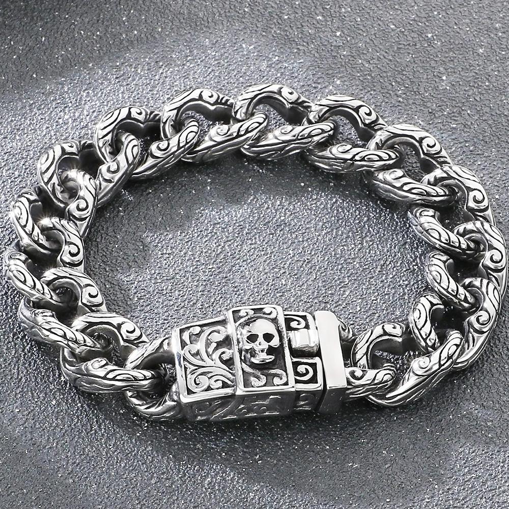 Punk Skeleton Jewelry Vintage Cuban Link Chain Bracelet for Man with Skull Head Clasp 316L Stainless Steel Bracelets and Bangles