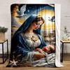 A serene nativity scene with radiant light, stars, doves, and wheat. for all seasons blanket lunch break throw gift