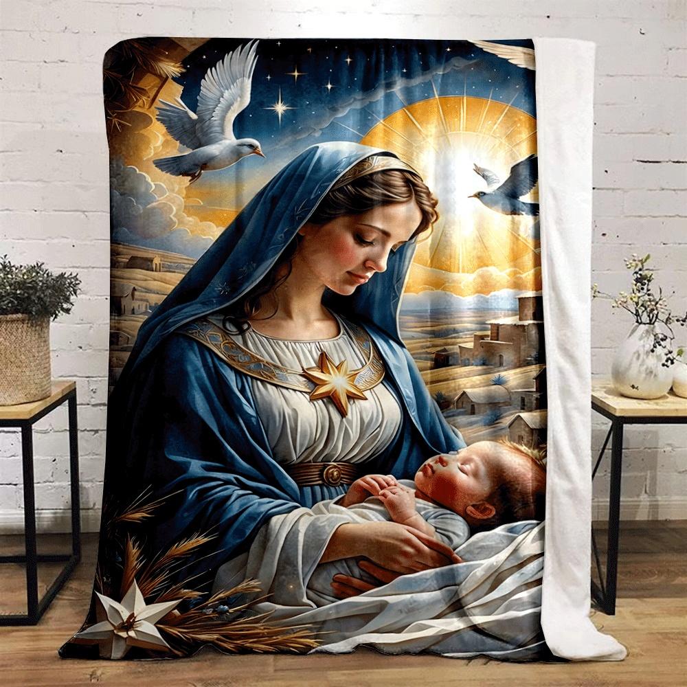 A serene nativity scene with radiant light, stars, doves, and wheat. for all seasons blanket lunch break throw gift
