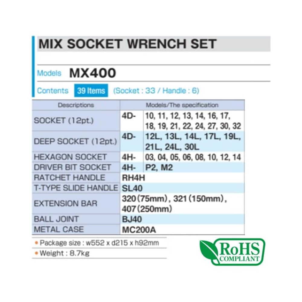 Tone MX400 Mixed Socket Wrench Set 12.7mm Drive Silver 39 Pieces