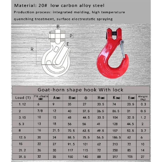High Strength Crane Lifting 80 Level Goat-horn Shape Clasp With Lock,Australian Style Grab Hook Bearing Weight 1-5 Ton