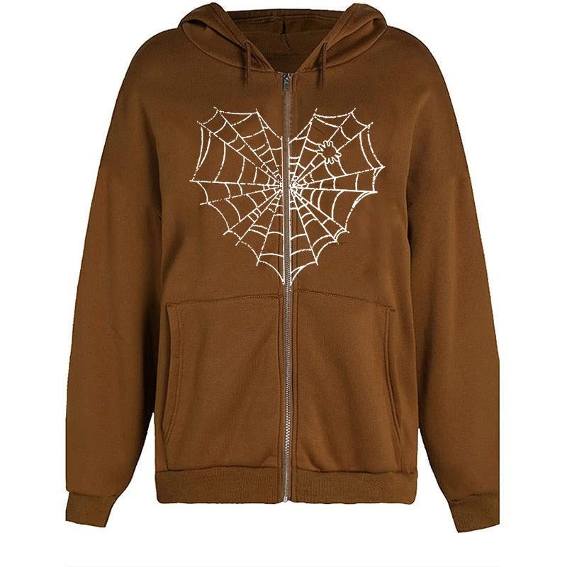 Colorful Spider Web Print Zip Up Hoodie Loose Fit Streetwear Y2K Couple Outerwear