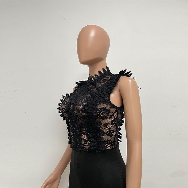 GMXIA Macacão feminino de gola alta, perna reta, renda, crochê, sem mangas