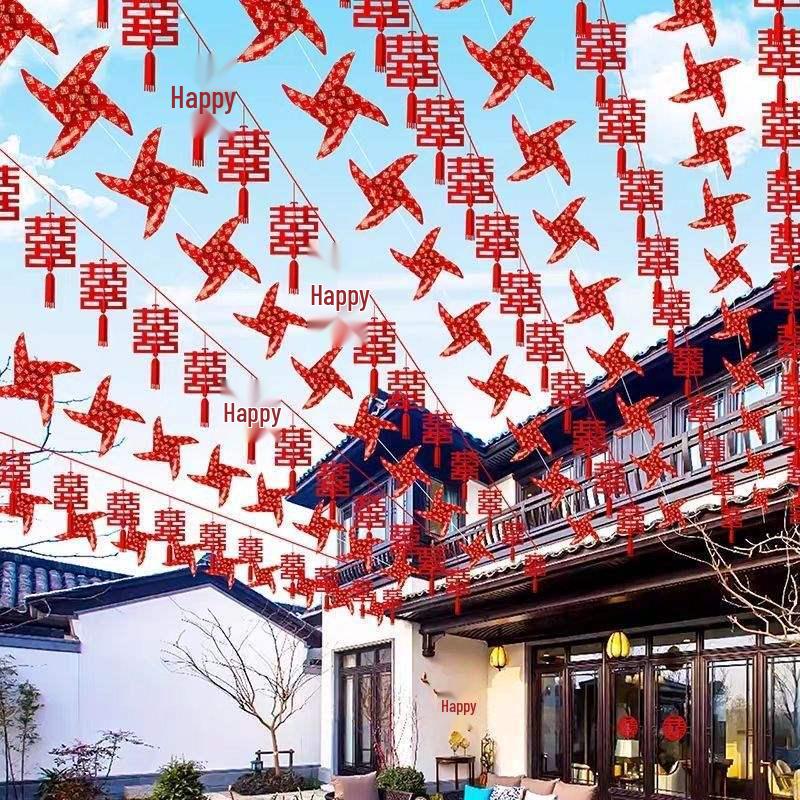 Festone Nuziale Doppia Felicità: Lanterna, Girandola, Luci a Filo, Decorazione Aquilone per Cortile Esterno