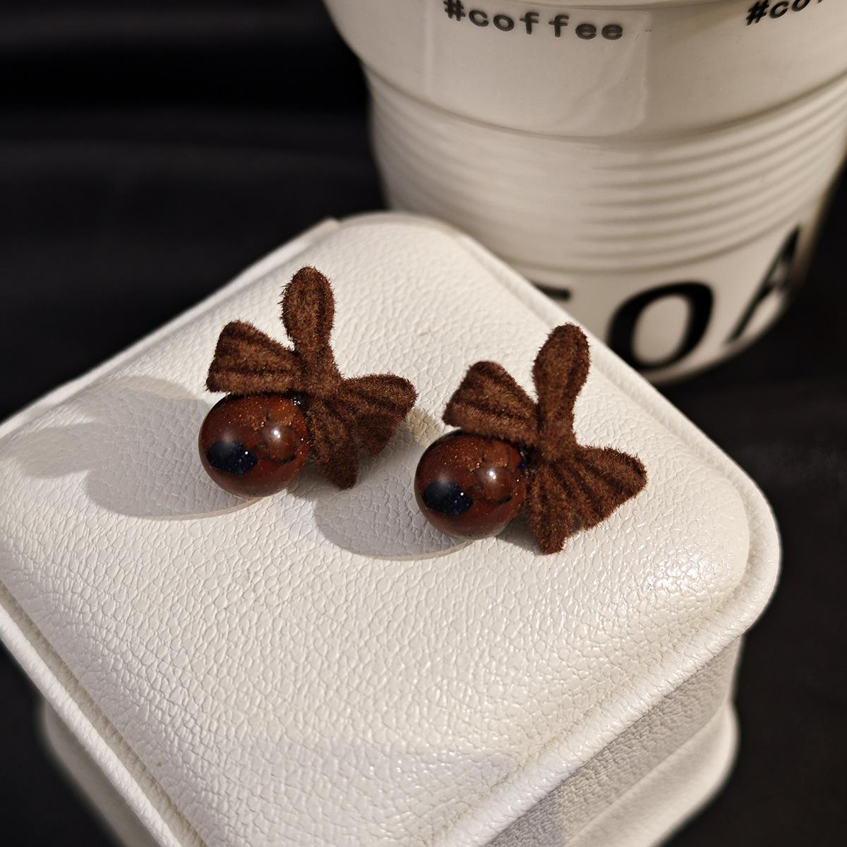 Hong Kong Style Flocking Bow Ball Leopard Print Stud Earrings Retro Niche Design Earrings Light Luxury Temperament Earrings