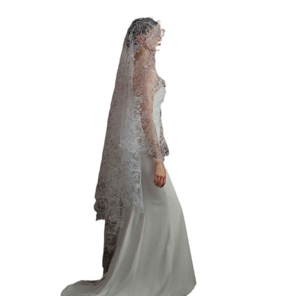 V311 White Lace Bridal Veil: Single-Layer, High-End Influencer Photo Prop