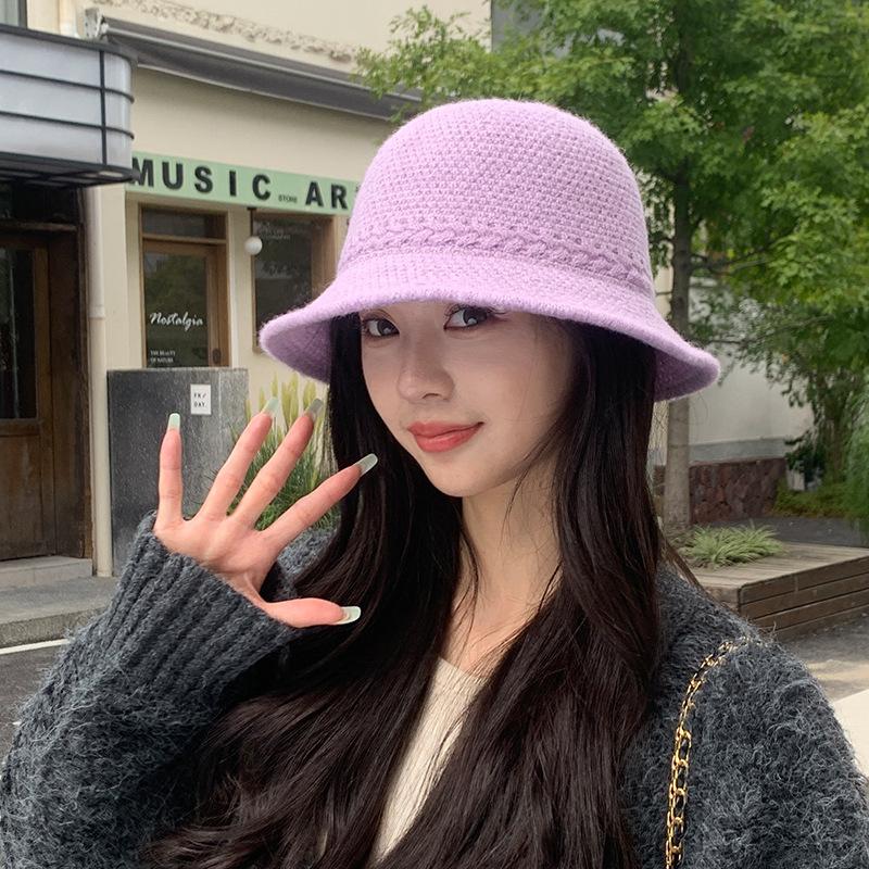 Knitted Fisherman Hat for Women Japanese Solid Color  Versatile Basin Hat Wide Brim Face  Showing Small Outdoor Bucket Hat