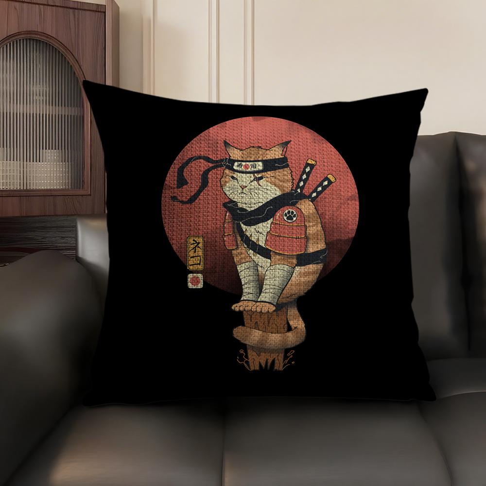 Japanese Style Samurai Cat Cushion Cover Natural Linen Organic Fabric DoubleSided Printing Sofa Home Decor Gift Pillow Case