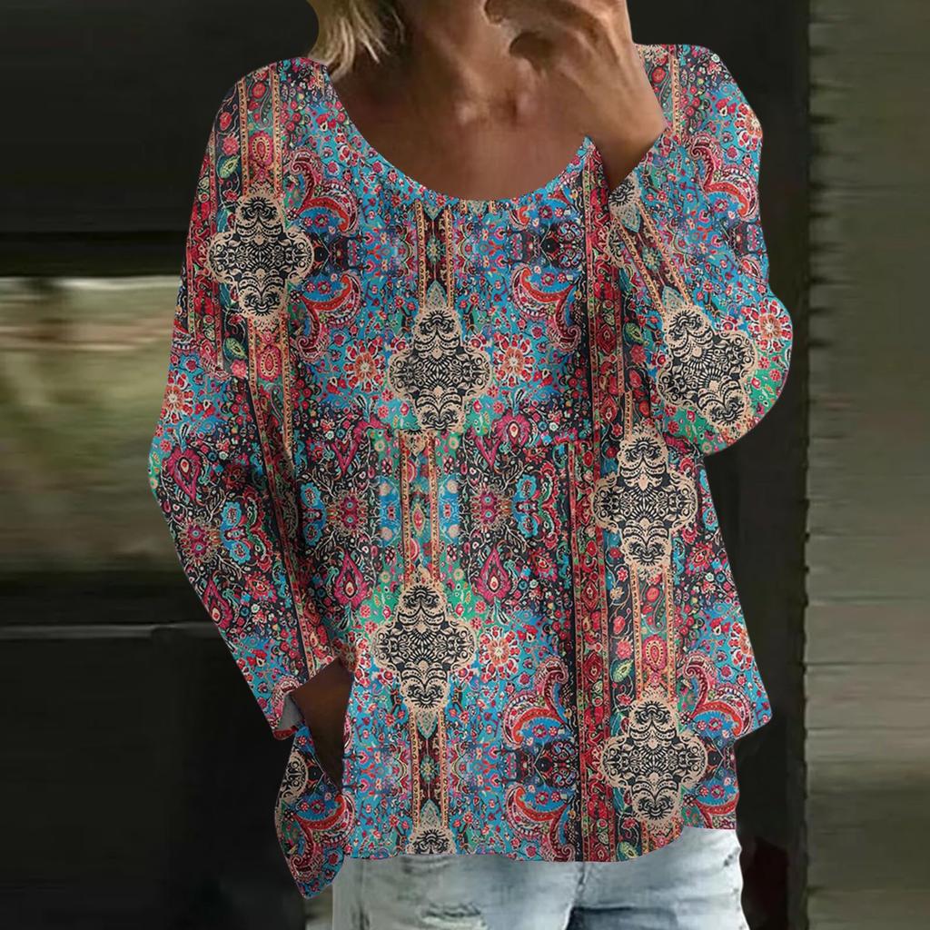Damen Casual Mode Locker Rundhals Blumenmuster Langarm Oberteil