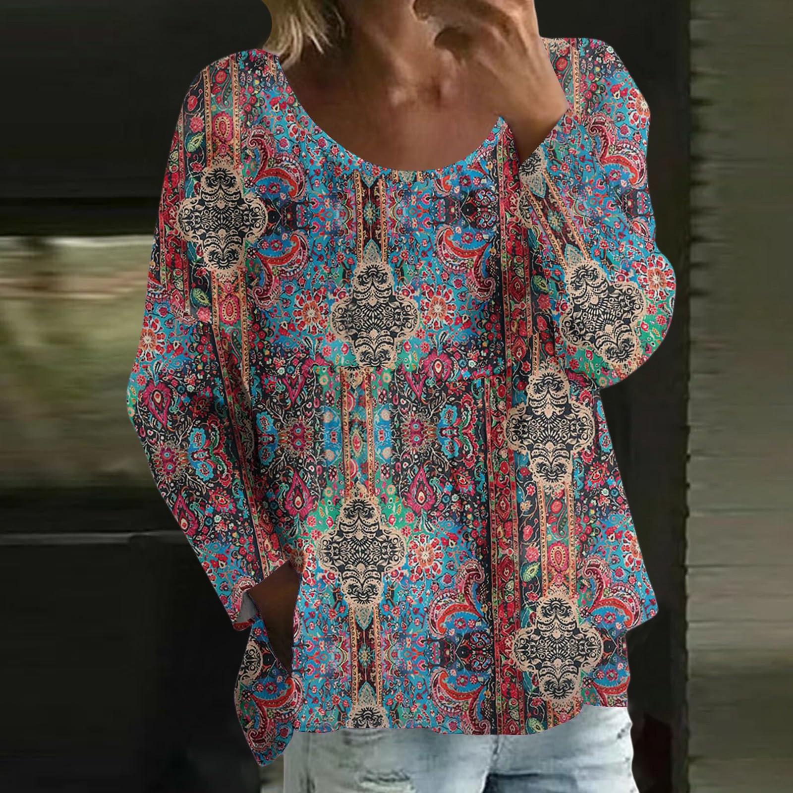 

Женский повседневный модный свободный топ с круглым вырезом и цветочным принтом, с длинным рукавом XL винный