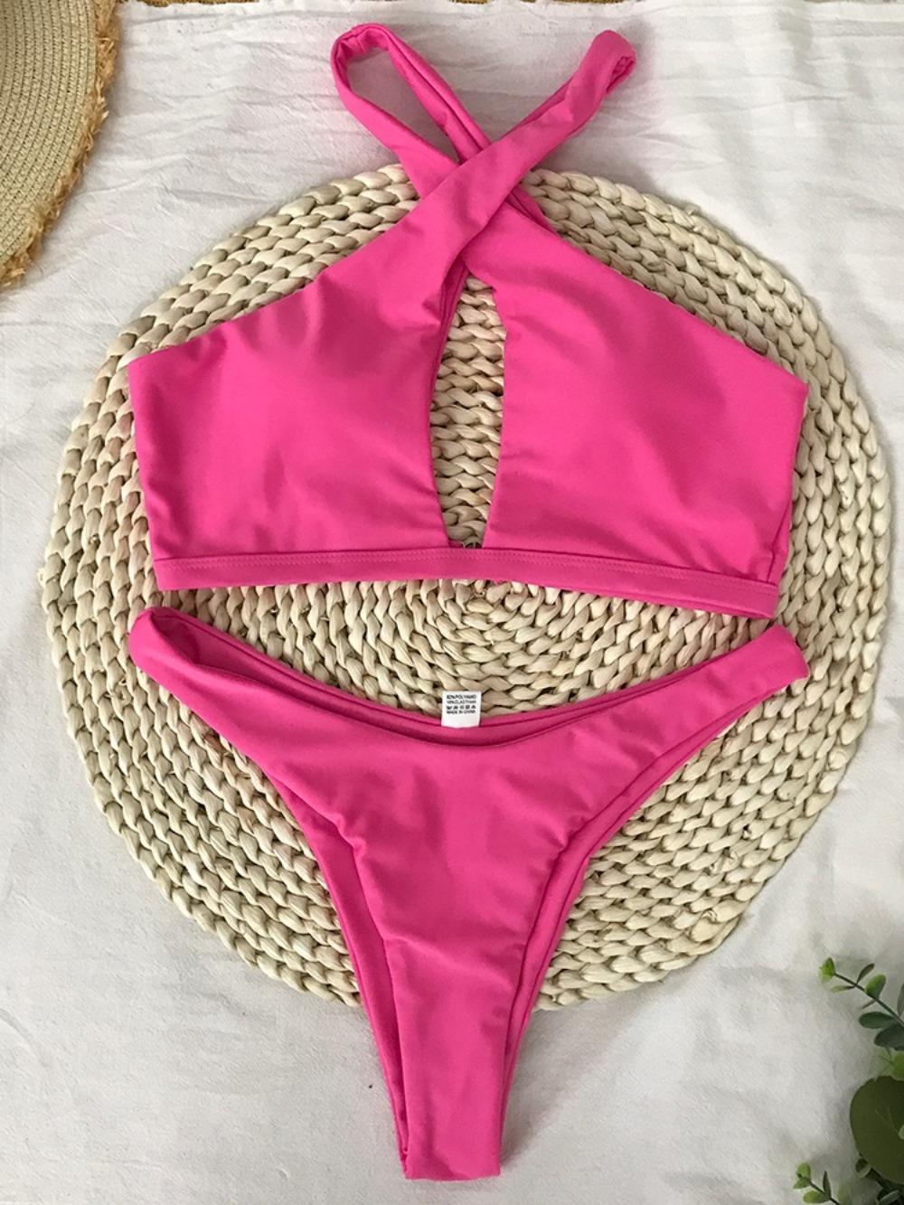 

Купальники Push Up Купальник женский 2024 Сексуальный Холтер с завязками на шее и крестообразными повязками Комплект бикини Монокини с открытой спиной Купальные костюмы Biquini XL розовый