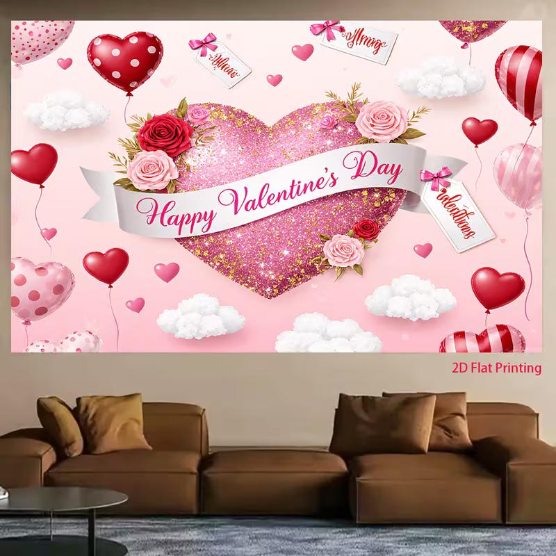 Happy Valentine's Day Tapestry, Pink Glitter Heart Background Cloth, Romantic Party Decor