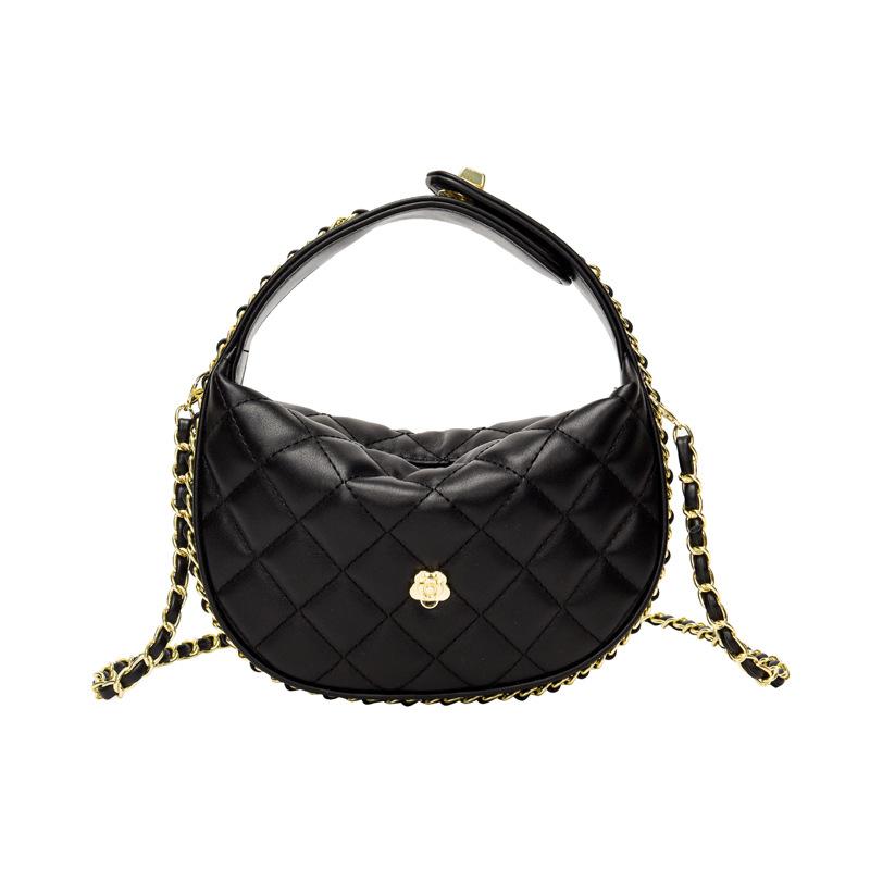

New crescent shoulder bag solid color simple texture chain light luxury handbag trendy fashion diamond bag one size fits all чорний