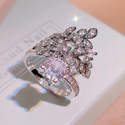 Bague fleur simple pleine de diamants argent tempérament de luxe léger zircon bague feuille bijou cadeau de fête d'anniversaire