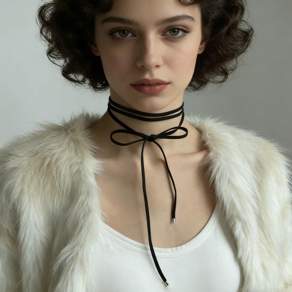 Women’s Synthetic Fiber Rope Choker Necklace, Adjustable Bow Tie Velvet-Like Neckband Non-Metallic Fashion Trendy Choker Jewelry
