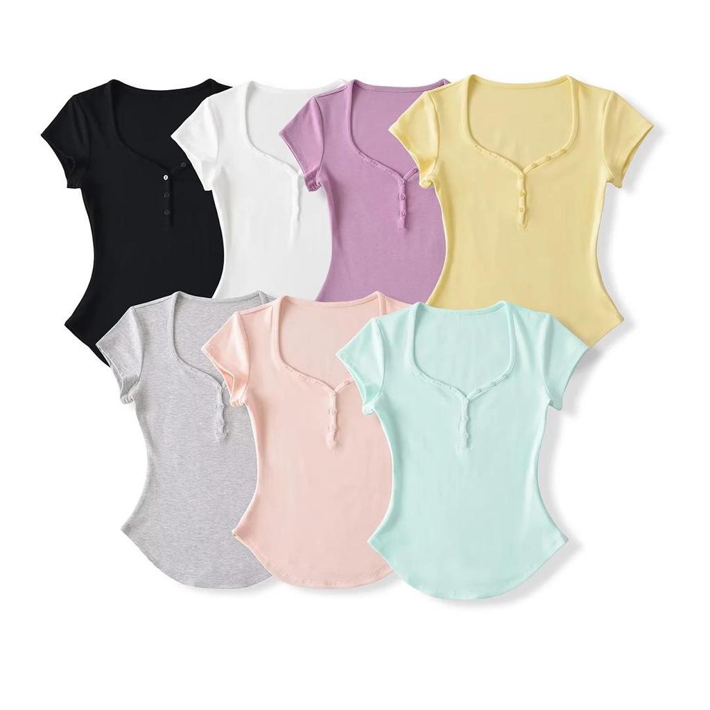 Damen Einfarbiges Slim-Fit T-Shirt mit Herzausschnitt & Gebogenem Saum