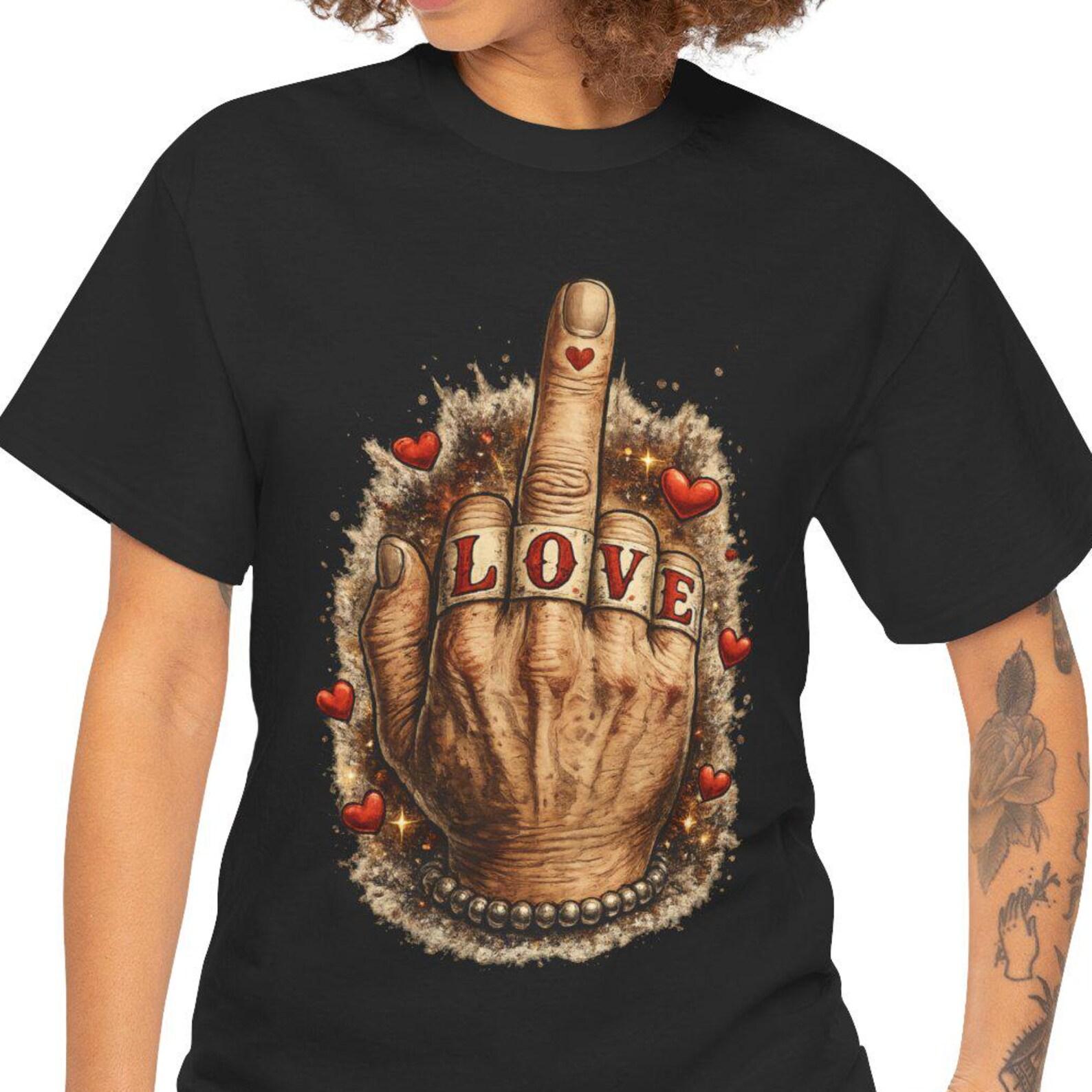 Middle Finger LOVE Hand Illustration Tee | Edgy Vintage Tattoo Shirt S