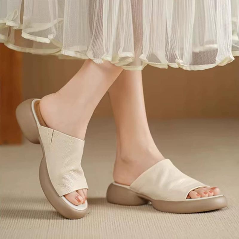 Higher Thick Bottom Comfortable Non-slip Anti-odor Women's Sandals Slippers Soft Leather Slope Heel Flip-flops Outdoor Home Leisure Shoes