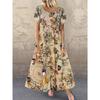 Vintage Boho Floral Print Maxi Dress Short Sleeve O Neck Cotton and Linen Loose Oversize Long Dress Summer Party Sundress Robe