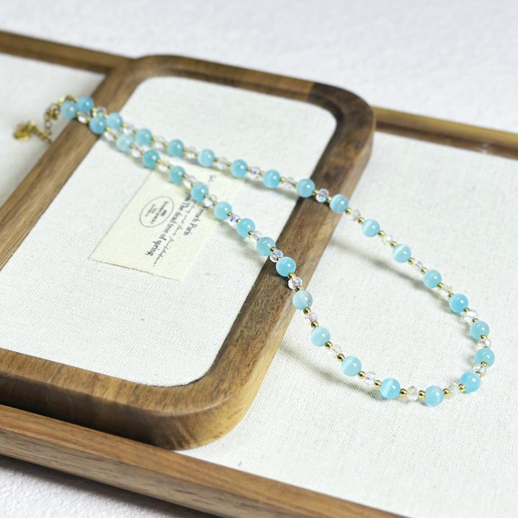 Dreamy Blue Cat's Eye Crystal Beaded Necklace – Elegant Spring/Summer Design