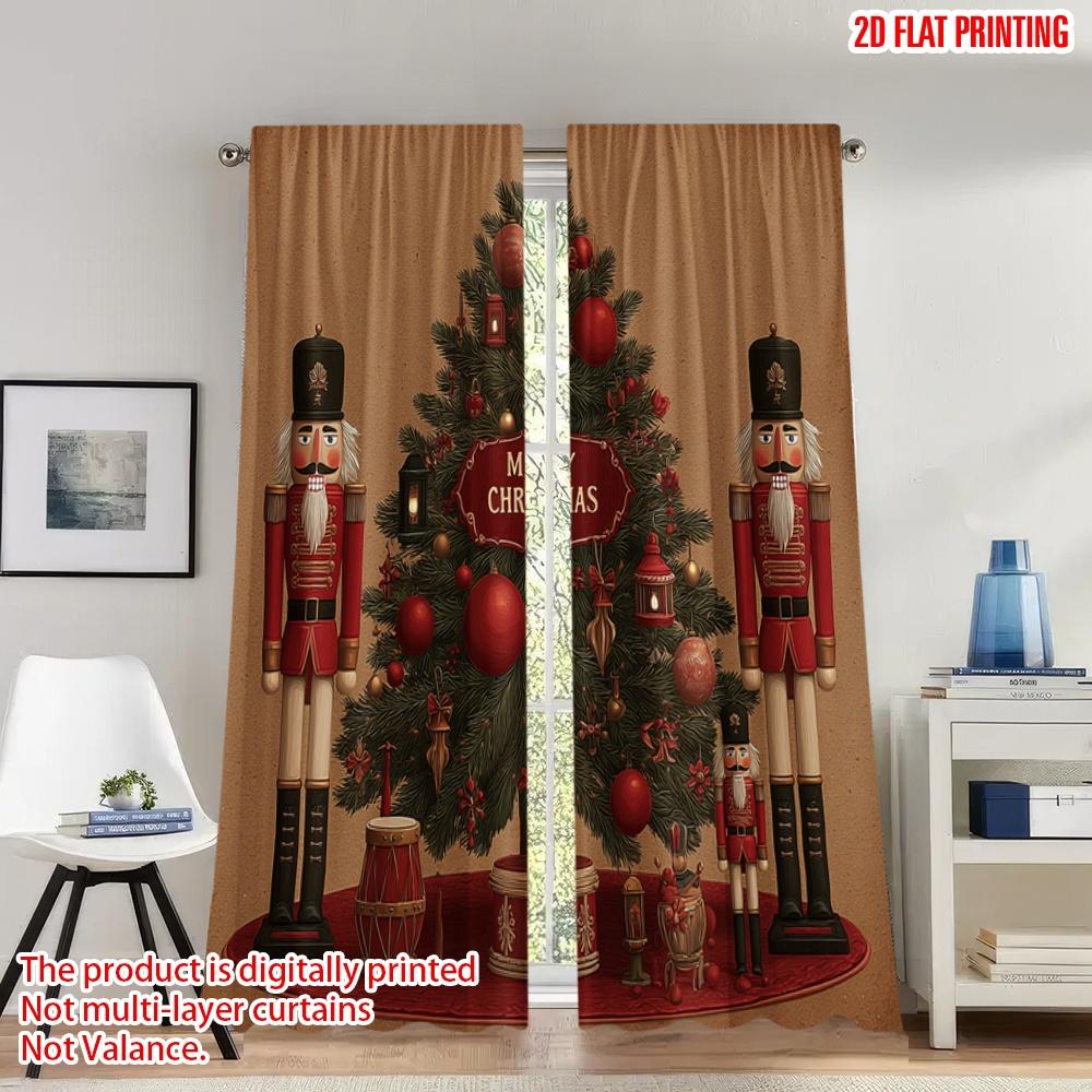 

Set Of 2 Flat Printing Merry Christmas Curtains Nutcracker Tree Decorations Digital Printed Polyester Drapes Festive Curtain W100*H70(CM)-Hooks&2PCS