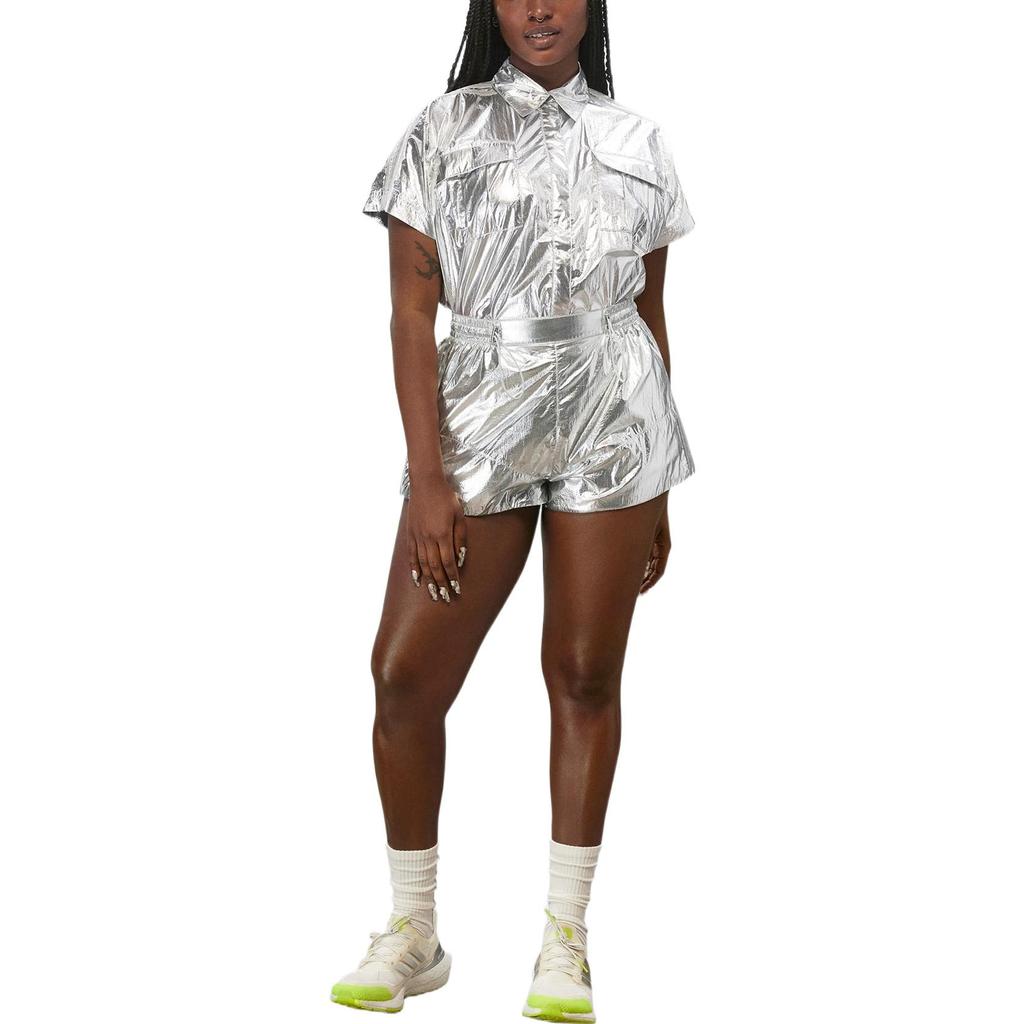 adidas Originals X Ivy Park Ppln Camicia Tinta Unita Colletto Metallizzato Monopetto Manica Corta Camicia Donna Argento HN8238