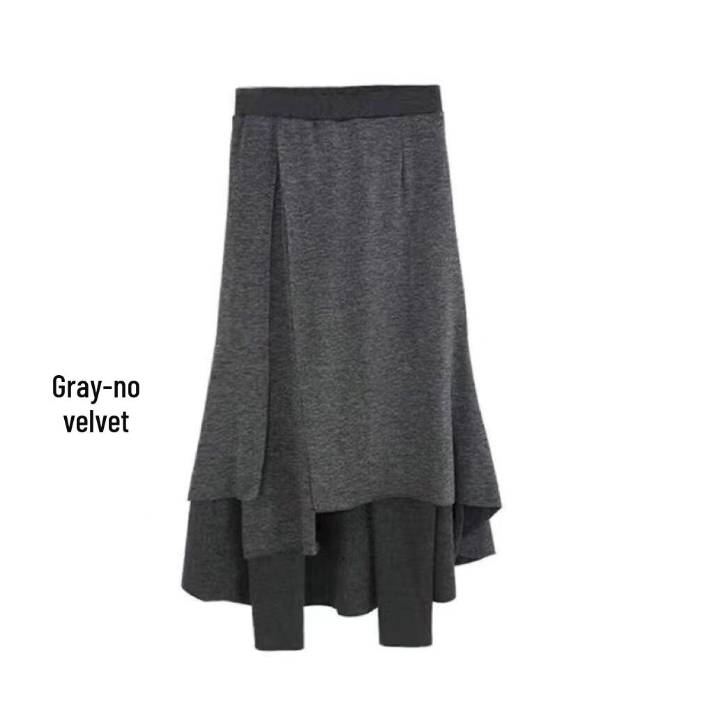 Plus Size Women's Faux Two-Piece Leggings Skirt with Velvet - Irregular Cut, Autumn/Winter Thickened One-Piece Pants.