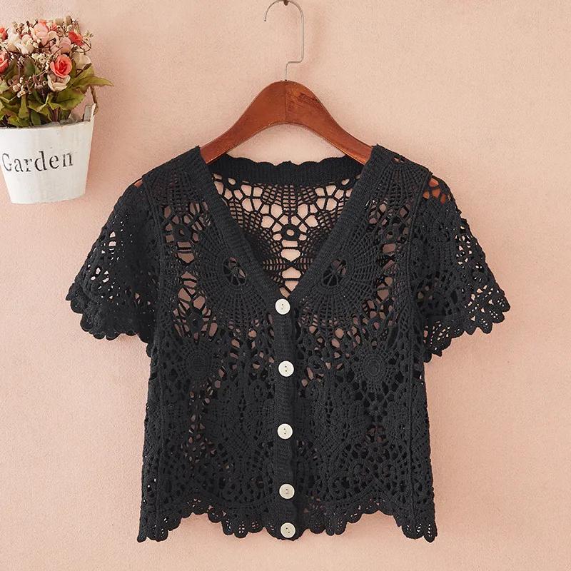 

Womens Summer Short Sleeve Black Lace V Neck Button Down Cardigan OneSize чорний