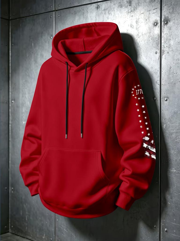 Men's American Flag Sleeve Graphic Hoodie, Patriotic Flag Sleeve Print Pullover Hooded Sweatshirt Casual Long Sleeve Top with Pocket