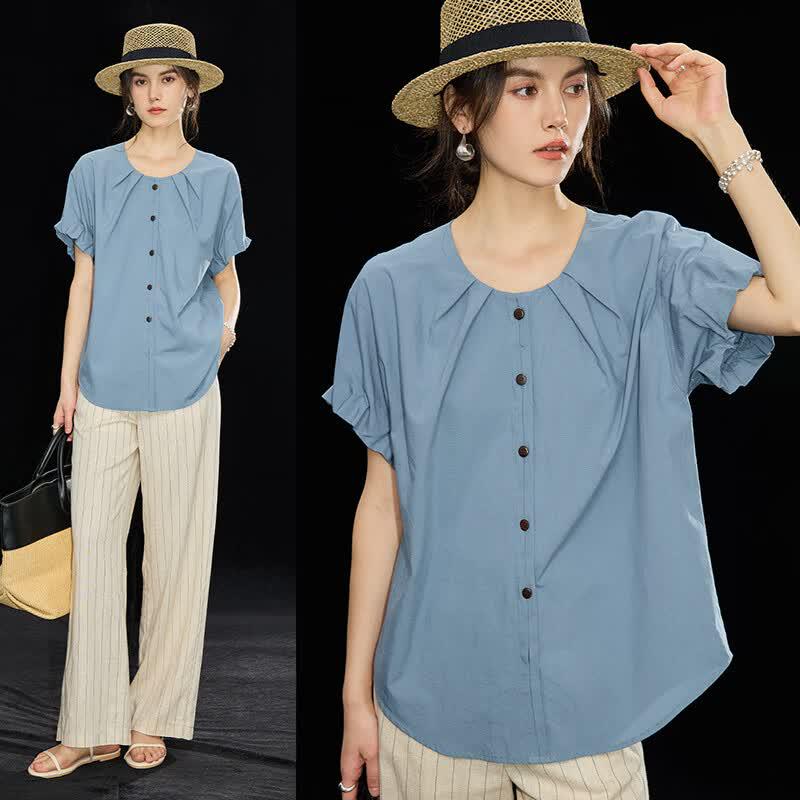 Wudao Women s Pleated Cotton Blend Short Sleeve Blouse S