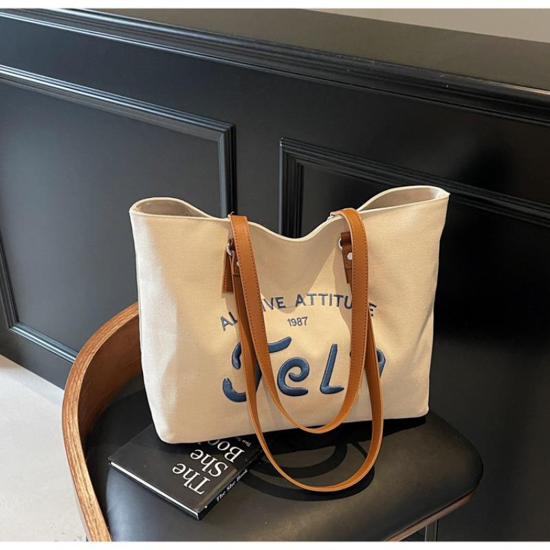 

Холщовая сумка, сумка-тоут с вышивкой букв, студенческая сумка на плечо большой вместимости для поездок на работу, литературная сумка для покупок хаки