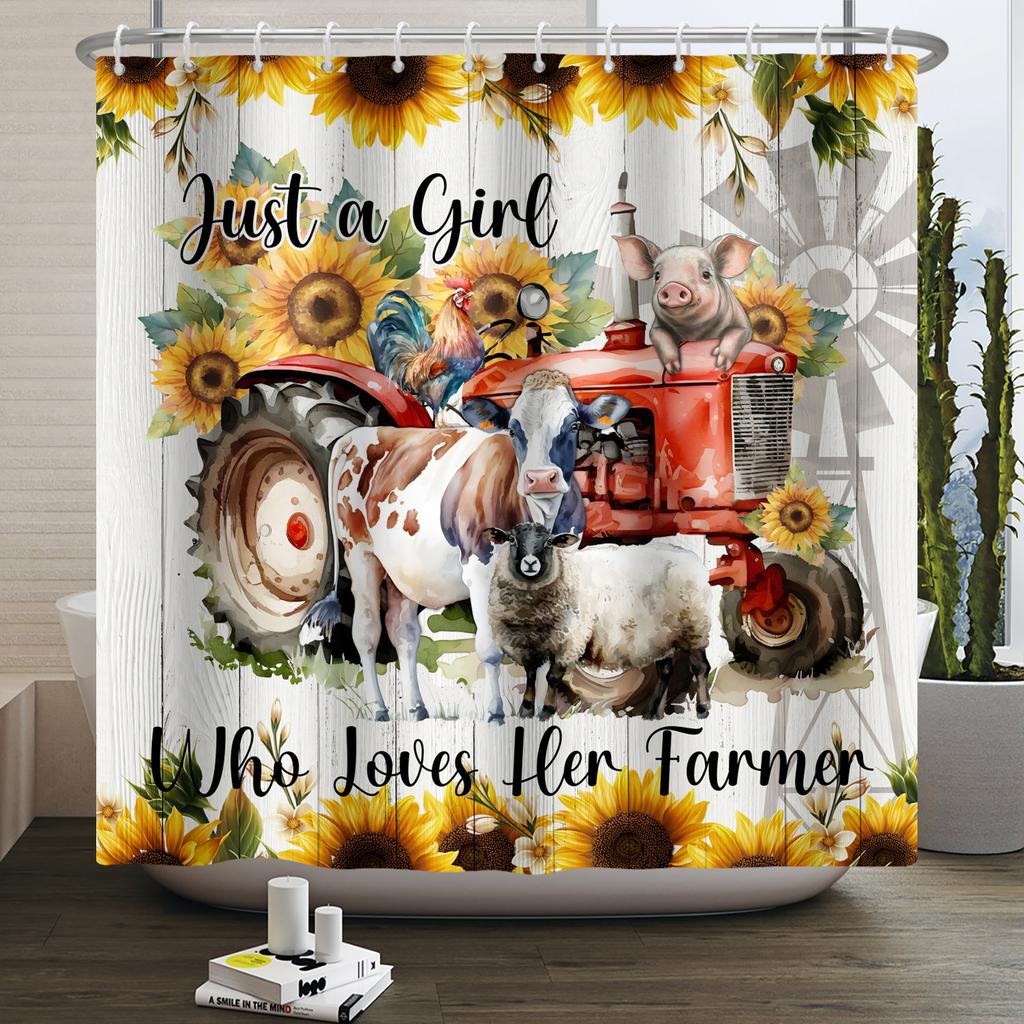 Bauernhoftiere Duschvorhang Niedlich Lustig Kuh Huhn Schwein Blume Pferd Holz Bauernhaus Scheune Rustikal Duschvorhang für Badezimmerdeko