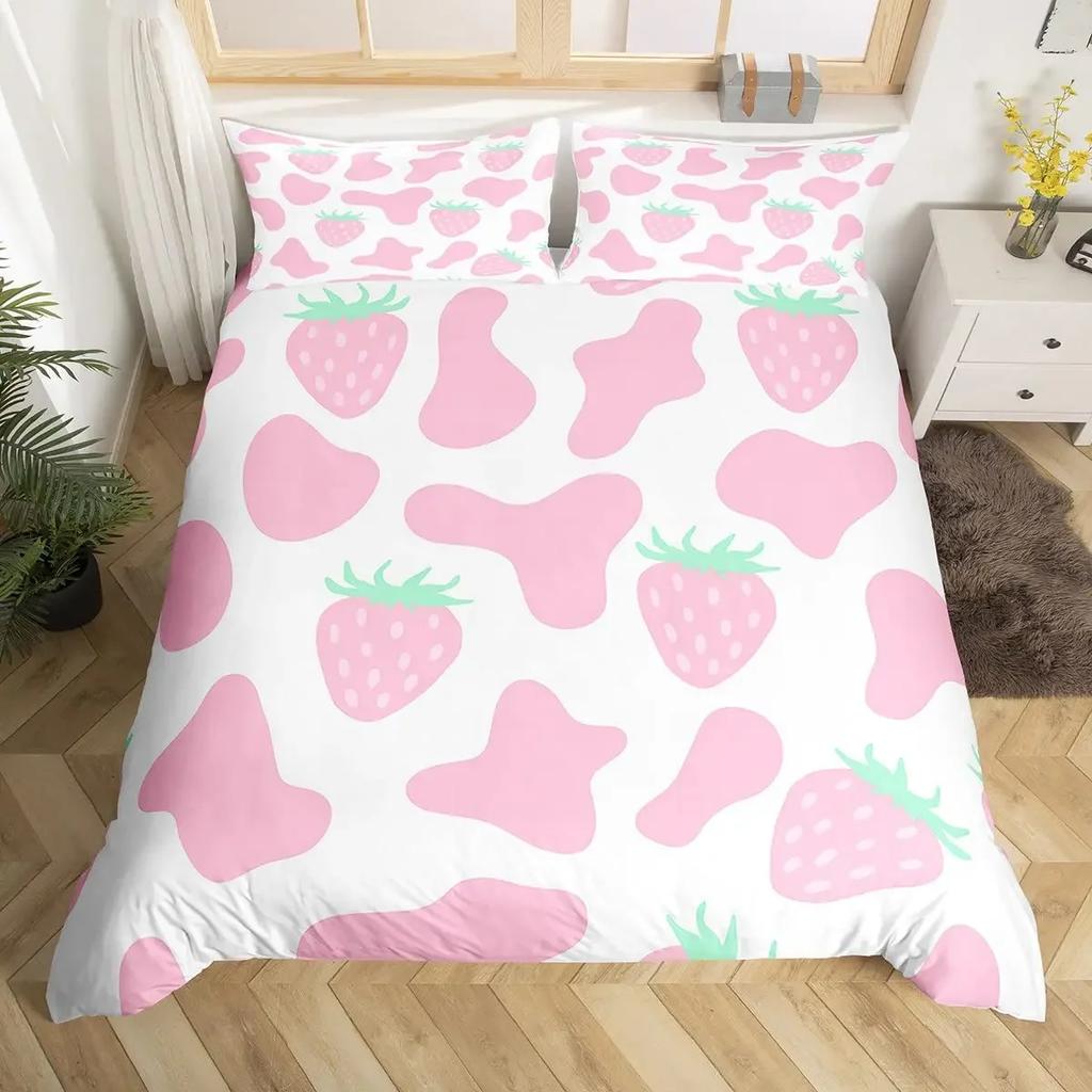 3Pcs Full Size Sweet Strawberry Bedding Set Duvet Cover for Kids Children Teens Comforter Cover Bed Room Decor Pink Quilt Cover