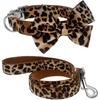 Dog Collar with Bow, Cotton & Webbing, Detachable Bowtie Dog Collar, Adjustable Dog Collars and Leash for Small Medium Large Dogs (S, Leopard Print)