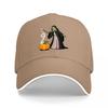 Witch and Pumpkin Halloween Baseball Cap Black Embroidered Design Magic Wand Autumn Theme Adjustable Hat for Adults