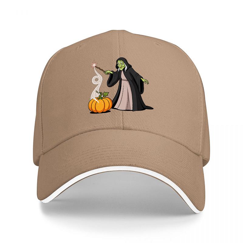 Witch and Pumpkin Halloween Baseball Cap Black Embroidered Design Magic Wand Autumn Theme Adjustable Hat for Adults