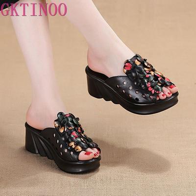 Fashion GKTINOO Summer Woman Shoes Platform Slippers Wedge Genuine Leather Women High Heel Slippers For Women Retro Sandals Female Shoes