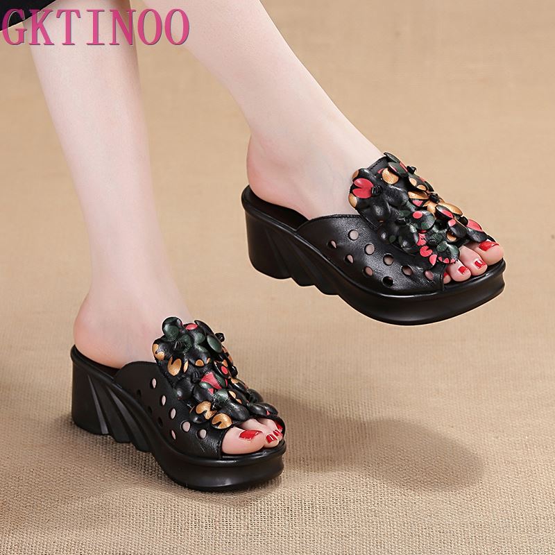 Fashion GKTINOO Summer Woman Shoes Platform Slippers Wedge Genuine Leather Women High Heel Slippers For Women Retro Sandals Female Shoes