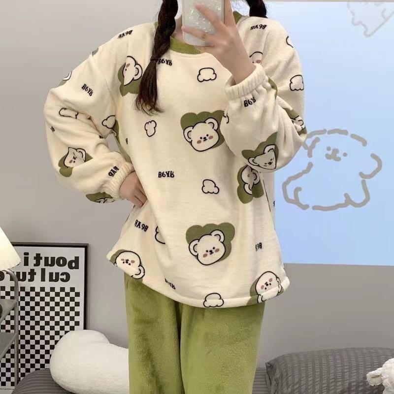 Autumn and Winter Women's Flannel Homewear Suit Pajamas That Can Be Worn Outside