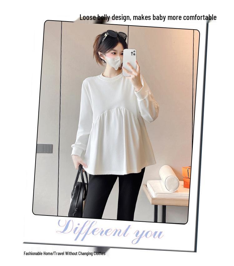 Korean Style Khaki Babydoll Maternity Sweatsuit with Micro Flared Pants for Spring/Autumn