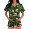 Women's V-neck Christmas printed short-sleeved pocket side-slit protective suit top