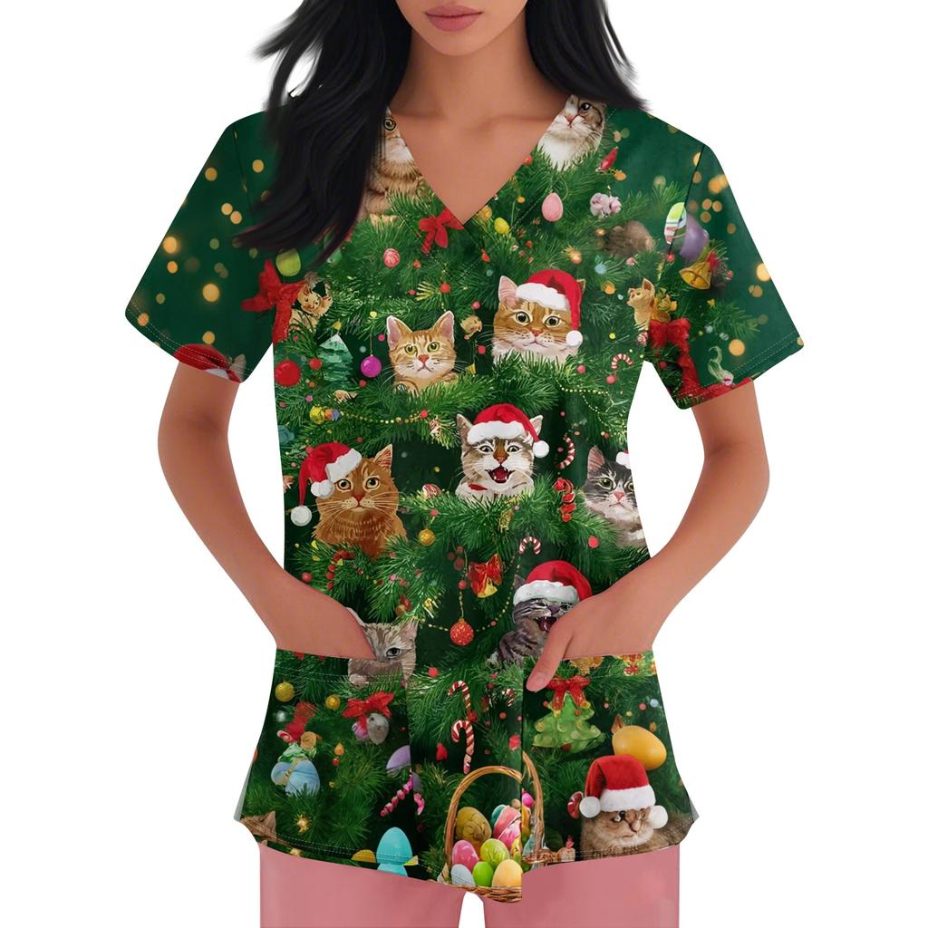 Women's V-neck Christmas printed short-sleeved pocket side-slit protective suit top